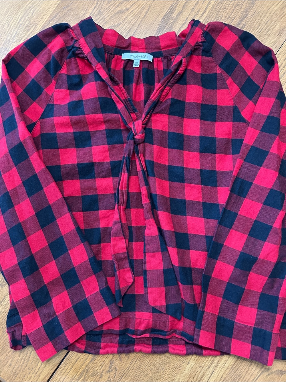 Madewell Red and Black Buffalo Plaid Tie-Neck Tunic Size XXS